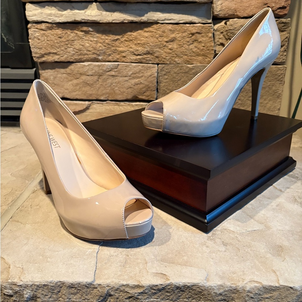 Nine West Beige Patent Peep-Toe Heels
